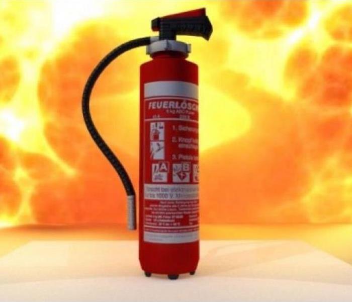 fire extinguisher behind fire background
